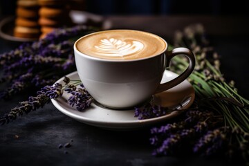 Homemade Cappuccino raf coffee with lavender on dark background. Close up. - obrazy, fototapety, plakaty