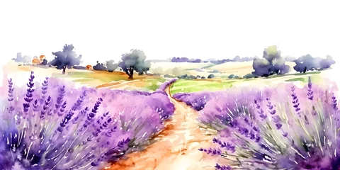 Crédence de cuisine en verre imprimé Violet watercolor landscape lavender field