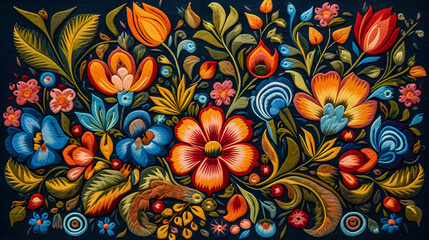 Fototapeta na wymiar ethnic embroidery of floral motifs in satin stitch on a black background