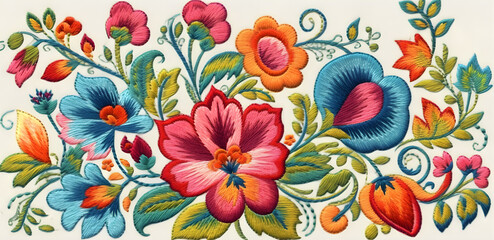 ethnic embroidery of floral motifs in satin stitch on a light background, wild flowers, bouquet, vintage craftsmanship - obrazy, fototapety, plakaty