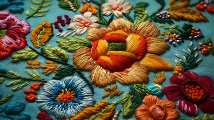 ethnic embroidery of floral motifs in satin stitch on a light background, wild flowers, bouquet, vintage craftsmanship