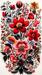 ethnic embroidery of floral motifs in satin stitch on a light background, wild flowers, bouquet, vintage craftsmanship