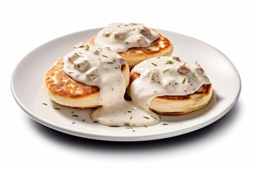Appetizing Biscuits and gravy. Traditional American cuisine. Popular authentic dishes. Background with selective focus