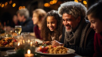 A family having a holiday dinner together. Generative AI. 