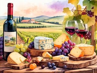 Wine and cheese in a vineyard in watercolor painting.