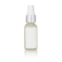 transparent spray bottle with white cap and blank white label isolated on a white background