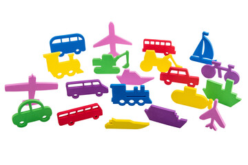cut up colorful foam shapes of transportation, kids bath toys