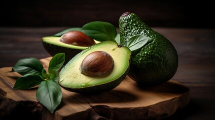 Whole and cut avocados on dark background. Fresh organic hass avocados.