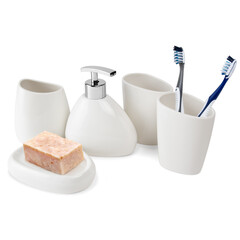 white ceramic bathroom toothbrush holder, soap dispenser, soap plate set isolated on white 