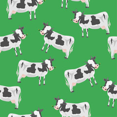 Seamless pattern with cute cows on a green background. Vector illustration for fabric, background, web.