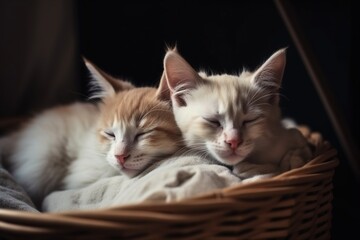 happy kittens sleep together in a cozy basket, concept of Feline companionship