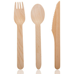 bamboo utensils, disposable spoon, fork, knife isolated on white