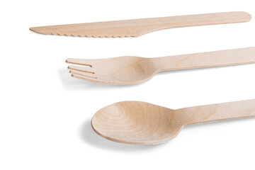 bamboo utensils, disposable spoon, fork, knife isolated on white
