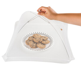 food tent, protects food from flies, plate of cookies inside, a hand holding the text
