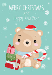 Vector Christmas card, cute bear gift box and candy on Green background and message of Merry Christmas and Happy New Year