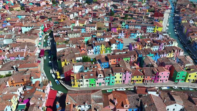 Burano Island from above, aerial view of colorful houses, Veneto Region, Italy