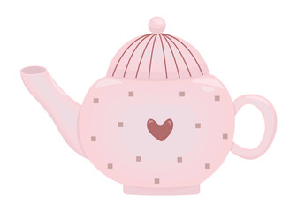 Round kettle with a heart and squares, cute teapot in pink and brown colors, vector illustration of teakettle