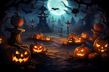 A Halloween vector background with a moonlit pumpkin patch and mischievous ghosts playing among the pumpkins. Generative Ai. NO.01