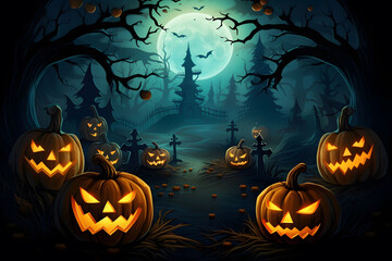 A Halloween vector background with a moonlit pumpkin patch and mischievous ghosts playing among the pumpkins. Generative Ai.NO.03