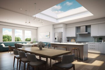Conceptual rendering depicting a modern and simple cloud kitchen and dining area in a home. Generative AI
