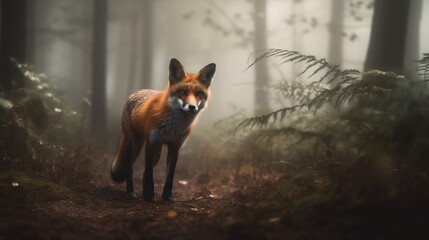 A fox in the foggy woods. Generative AI. 