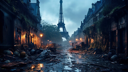 Post apocalypse in Paris, apocalyptic view of destroyed city street at dusk