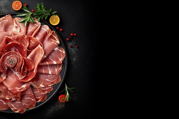 Italian cured meats on a black background viewed from the top with text space - obrazy, fototapety, plakaty