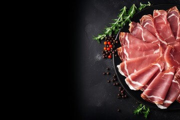 Italian meat and antipasto on black background top view text space available