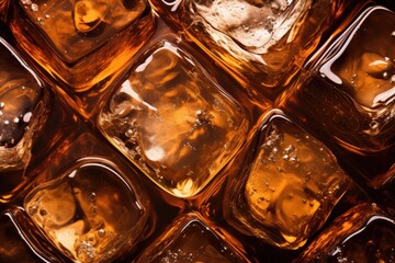 Macro close up of ice cubes in whiskey or another alcoholic beverage featuring a crystal design against a textured background - obrazy, fototapety, plakaty