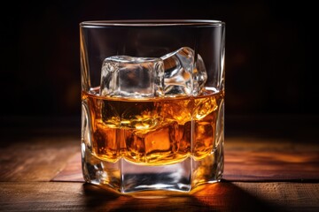 Macro close up of ice cubes in whiskey or another alcoholic beverage featuring a crystal design against a textured background