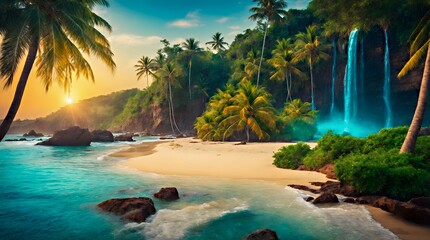 AI-generated image, A serene beach with golden sands, azure waters, lush palm trees, vibrant local culture, adventure, relaxation, and cherished memories await tourists. - obrazy, fototapety, plakaty