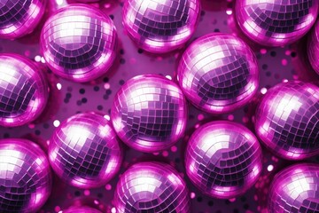 Magenta color voted 2023 s color Glittering disco ball Festive Christmas pattern 90s retro party theme Holiday background Overhead view