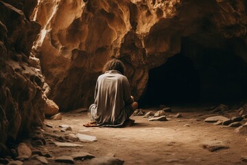 person in the cave, a person, drawn to solitude, finds peace in silent observation, deep in thought about life's profound meaning