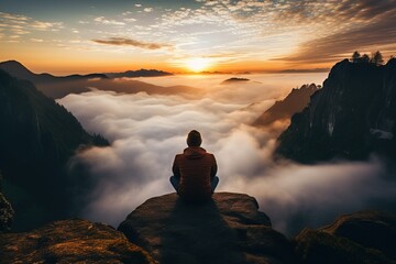 silhouette of a person sitting on a rock, solitary figure seated on a cliff, gazing at clouds veiling the mountains, silently contemplating their surroundings while reflecting on the meaning of life