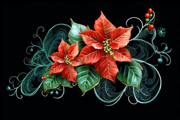 Poinsettia and bell floral lace in Christmas theme with green transparent background. Generative AI - obrazy, fototapety, plakaty