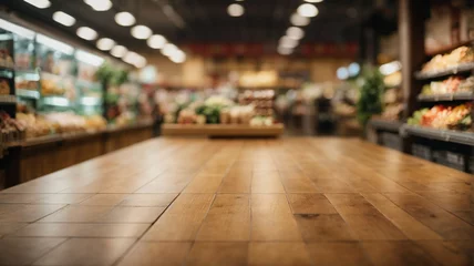 Fototapeten Empty wooden table with supermarket background for product display, space for text © anandart