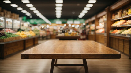 Empty wooden table with supermarket background for product display, space for text - obrazy, fototapety, plakaty