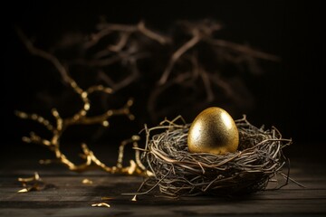 A shiny egg in a nest on a dark background with a gold egg at the center. Generative AI