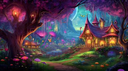 A colorful forest city of fairies with magical glowing plants, ancient mighty moss-covered trees. ai - obrazy, fototapety, plakaty