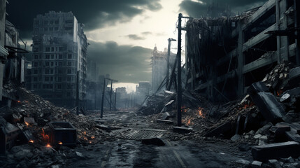 A destroyed cityscape beneath dark clouds. ai generative