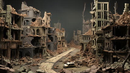 Fototapeta na wymiar a lifeless ruined cityscape. Illustration of a ruined cityscape with a moody tone. ai generative