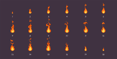 Sprite sheet of fire, torch, campfire, fire trap, fire pillar sequence frame, motion design elements. Animation for game, cartoon, visual effects. Motion design elements. Cartoon Vector Illustration © Rudzhan