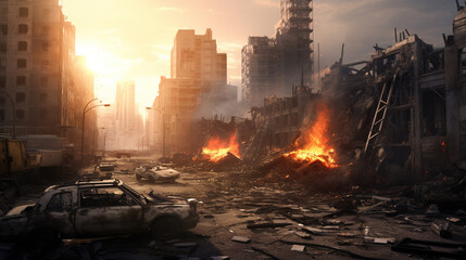 a modern city devastated by explosions and chaos