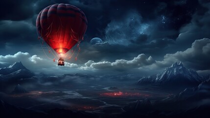 Fantasy hot air balloon at sunset in the sky