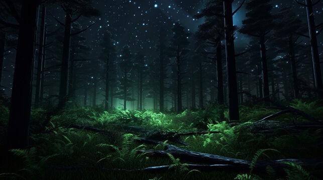 illustration rendering of forest image illuminated at night. ai generative