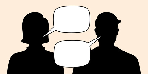 Man and woman talking with text bubbles, silhouette vector illustration.