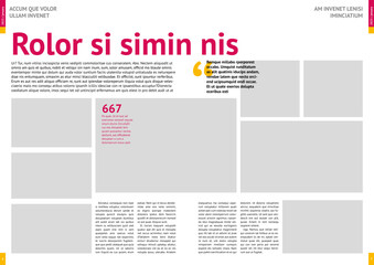 print magazine, journal, tabloid, publication, annual report mockup with pink headers, four columns, article, A4, editable text