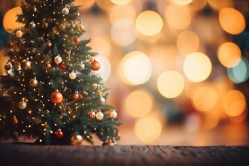 Fototapeta na wymiar Blurred view of stunning holiday tree with indoor festive lights. Bokeh effect. Generative AI