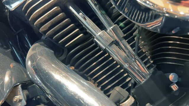Chopper motorcycle engine cylinders close up