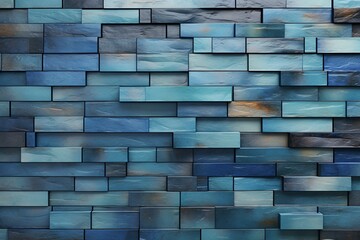 Arrangement of rectangular, mosaic tiles forming a wall with stacked, glazed bricks in a polished blue patina. 3D rendered. Generative AI